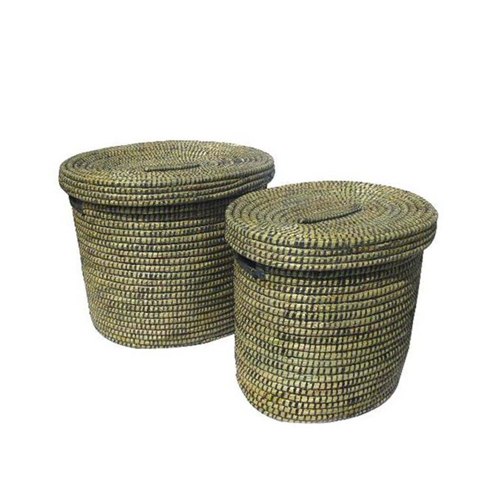 Σετ 2 καλαθιών με καπάκι από kansgrass - Φυσικό & μαύρο 55x55x50 εκ. | Kenya