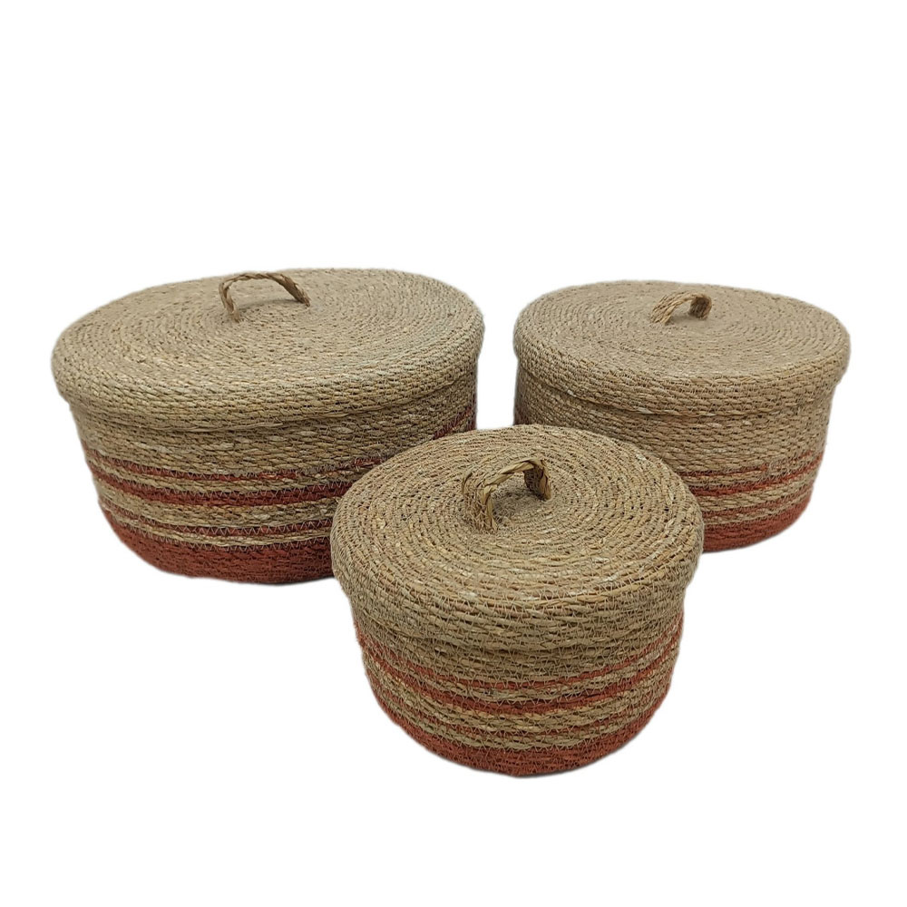 Σετ 3 κουτιά αποθήκευσης από seagrass - Φυσικό & Terracotta 33x33x16 εκ. | Cassia