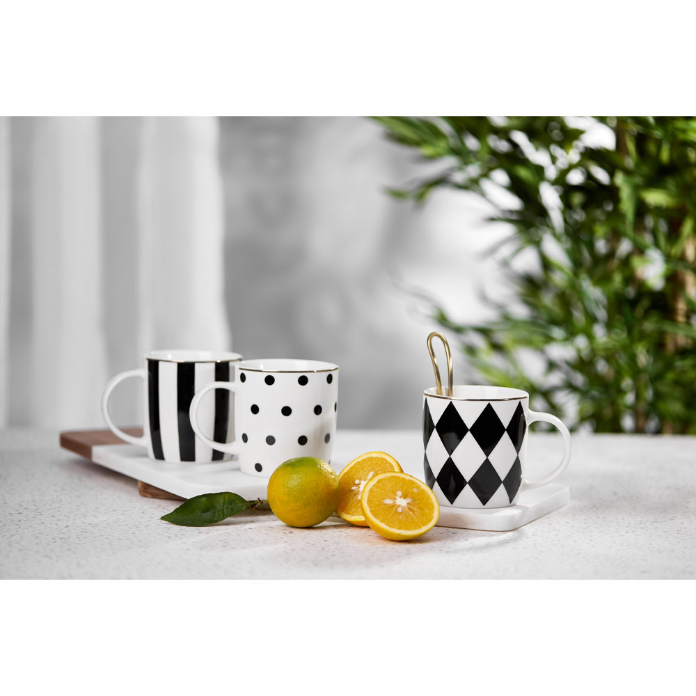 Κούπα New Bone China με μαύρο μοτίβο - Λευκό, μαύρο & χρυσό 9x9x9 εκ. | Jolie Rombus