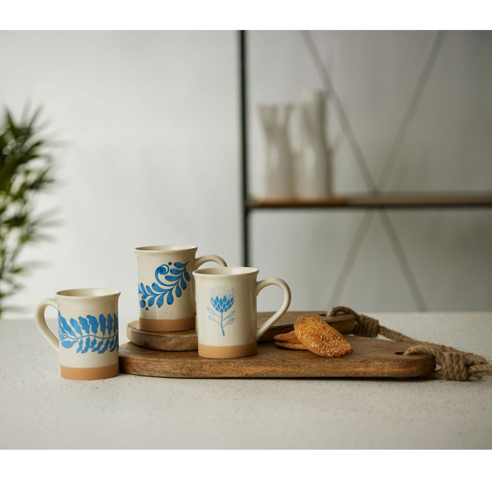 Κούπα stoneware με μοτίβο - Λευκό & γαλάζιο & μπεζ 10x10x12 εκ. | Ydra