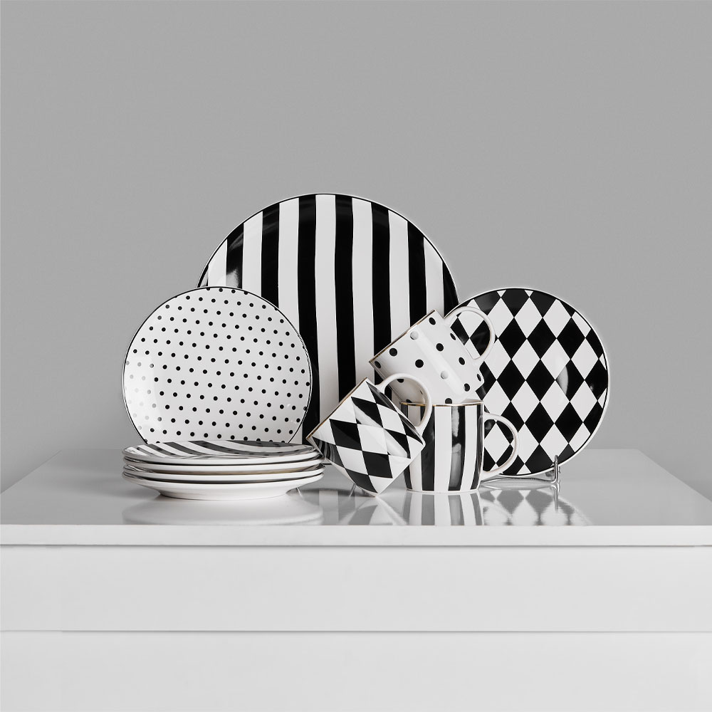 Σετ 7 πιάτα γλυκού από bone china - Λευκό & μαύρο 30x30x3 εκ. | Jolie