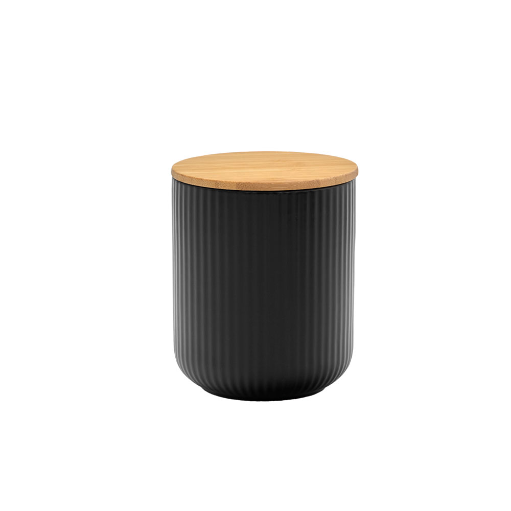 Δοχείο αποθήκευσης πορσελάνης με καπάκι bamboo - Μαύρο & φυσικό 10x10x12 εκ. | Ripple