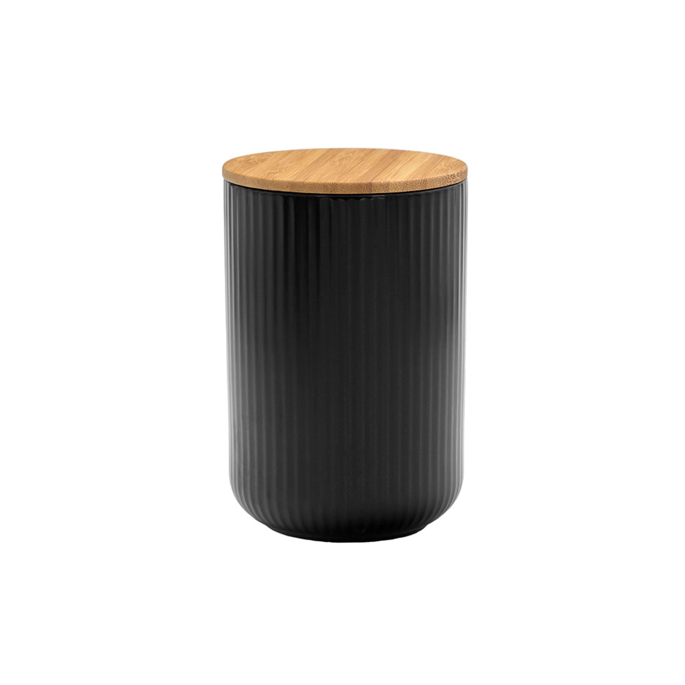 Δοχείο αποθήκευσης πορσελάνης με καπάκι bamboo - Μαύρο & φυσικό 10x10x15 εκ. | Ripple