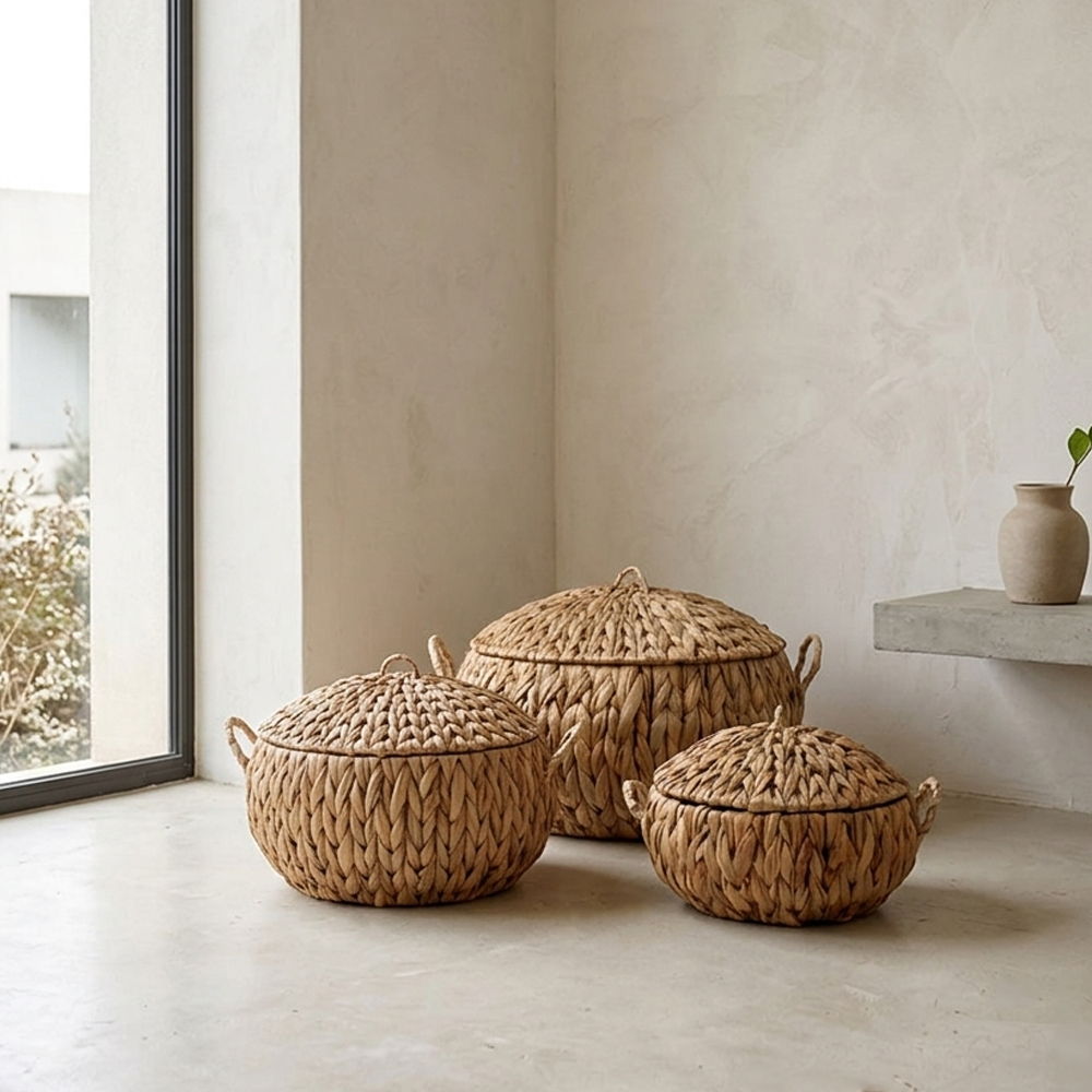 Σετ 3 καλαθιών με καπάκι από seagrass - Φυσικό 40x40x19 εκ. | Kea
