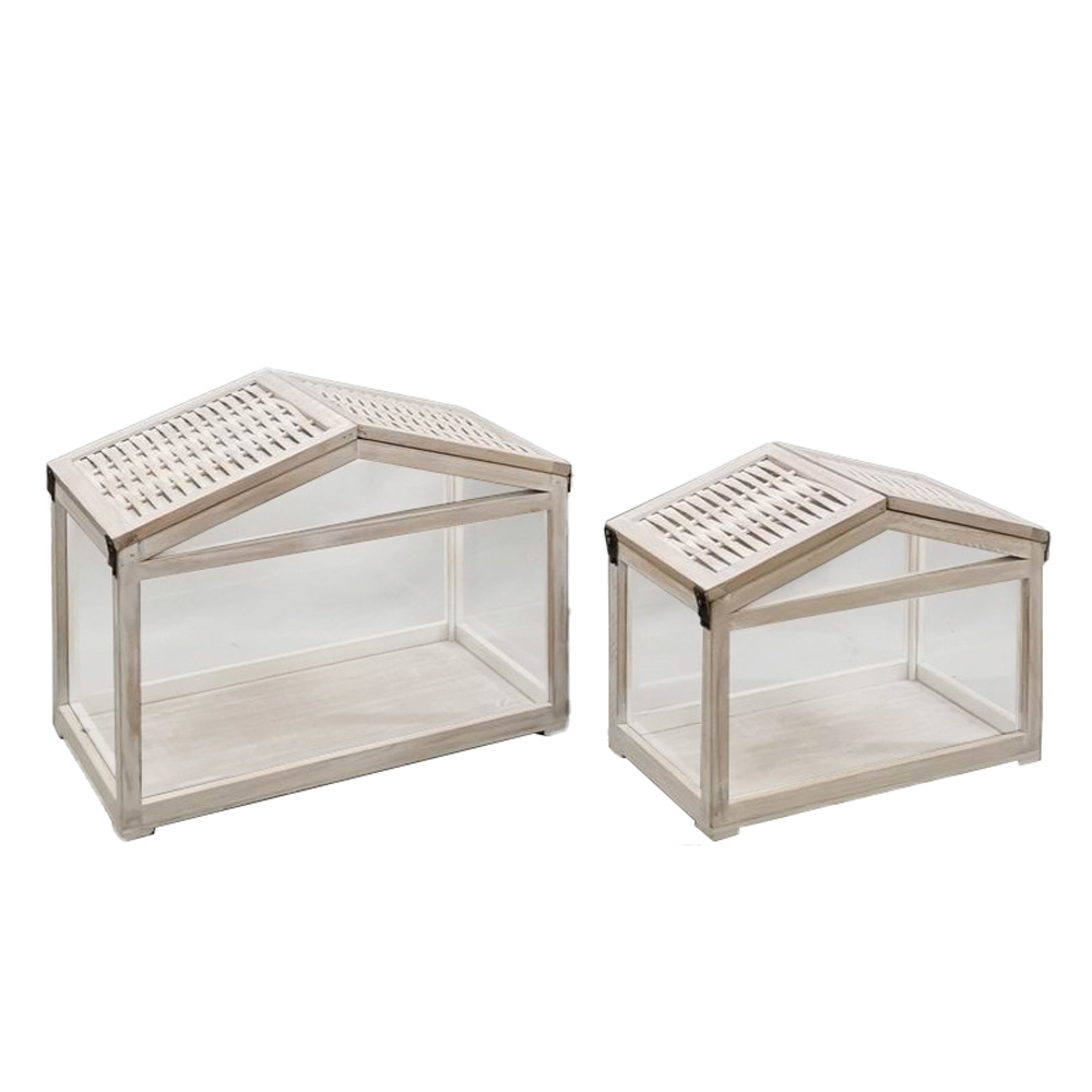 Σετ ξύλινων φαναριών με γυαλί - White washed 46x26x34 εκ. | Sikinos