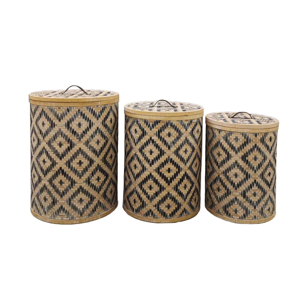 Σετ 3 καλαθιών με καπάκι από bamboo - Φυσικό & μαύρο 47x47x62 εκ. | Nubia