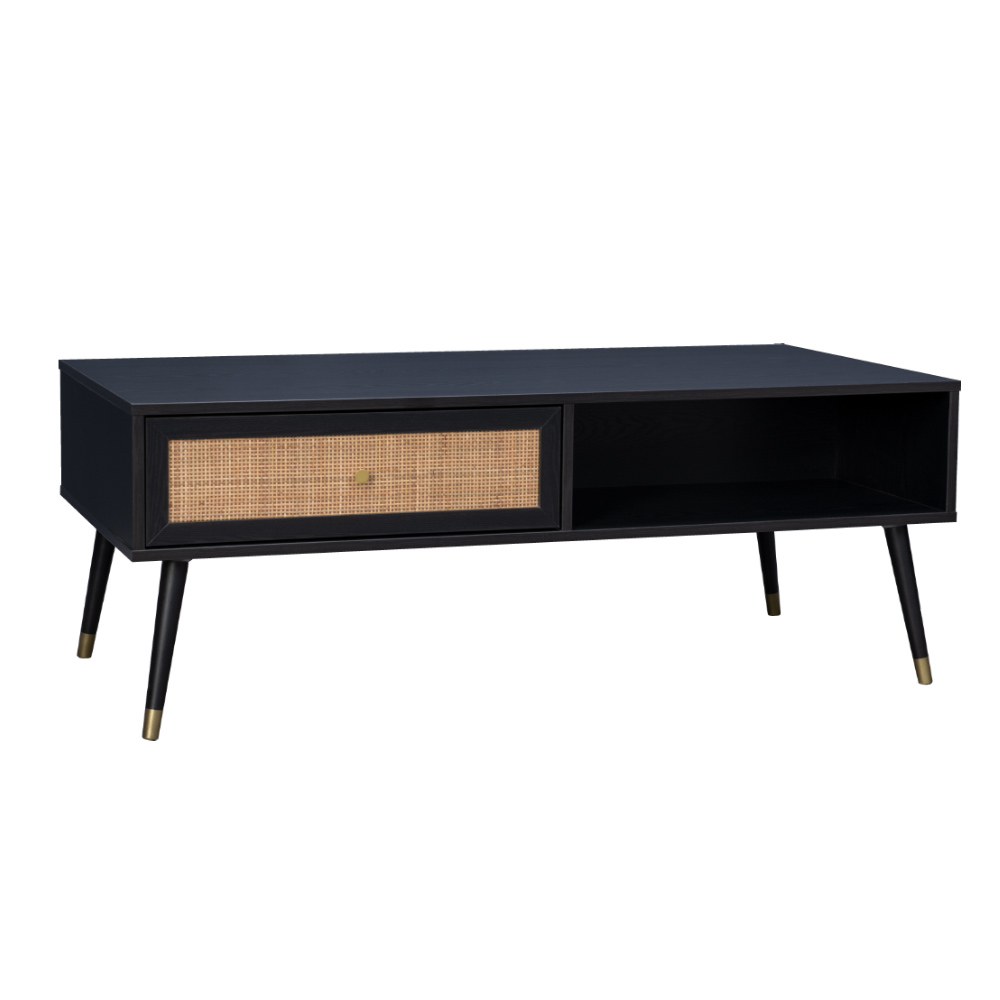 VIENNA COFFEE TABLE 1ΣΥΡΤΑΡΙ ΜΑΥΡΟ ΜΕ RATTAN ΧΡΥΣΟ 120x59x45