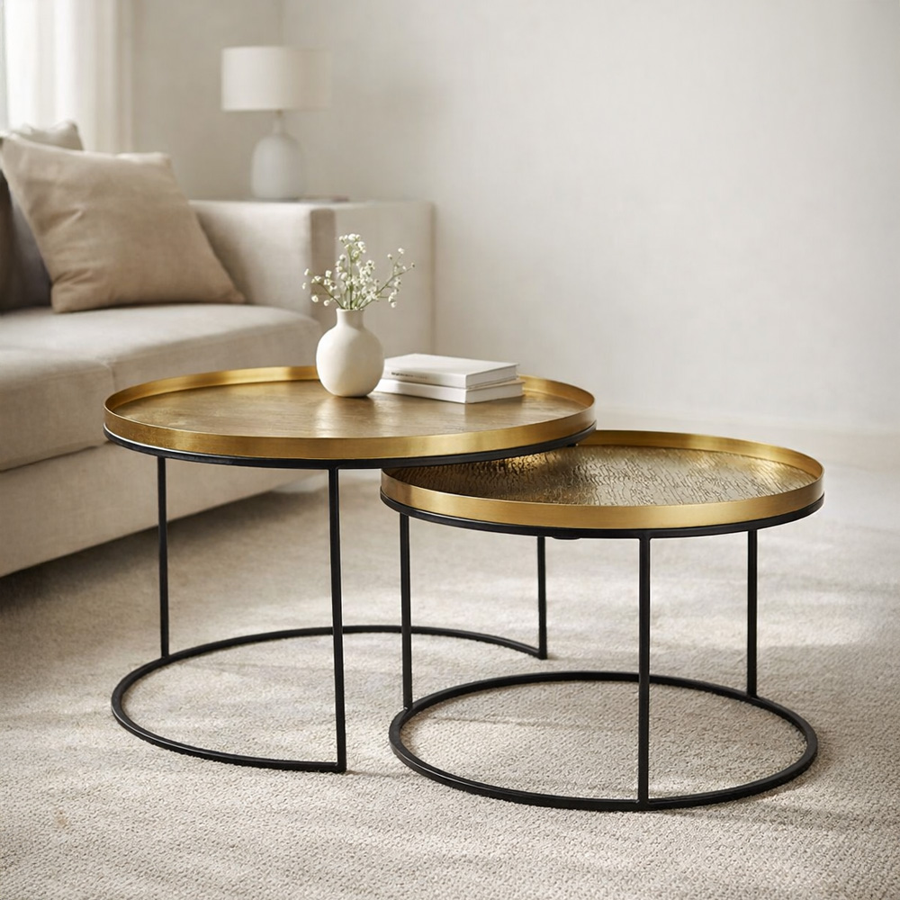 Σετ 2 τραπεζιών σαλονιού μεταλλικών - Brass antique & μαύρο 76x76x43.5 εκ. | Totale