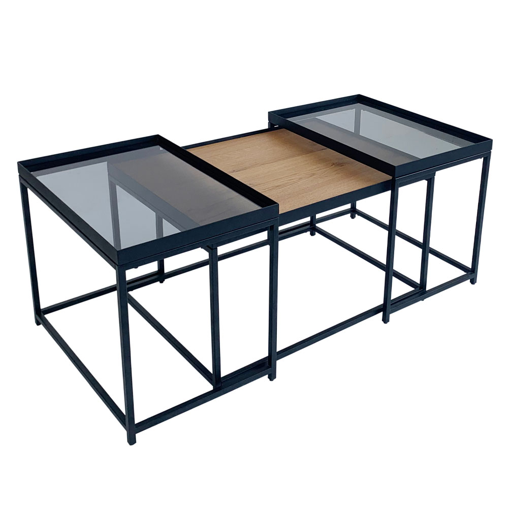 HARMONICA COFFEE TABLE SET 3ΤΕΜ ΦΥΣΙΚΟ ΦΙΜΕ ΜΑΥΡΟ 75x55x44